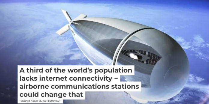 An experimental aircraft like this solar-powered airship could someday play a role in providing internet access to rural areas or disaster zones. Thales Alenia Space via Wikimedia Commons, CC BY-SA